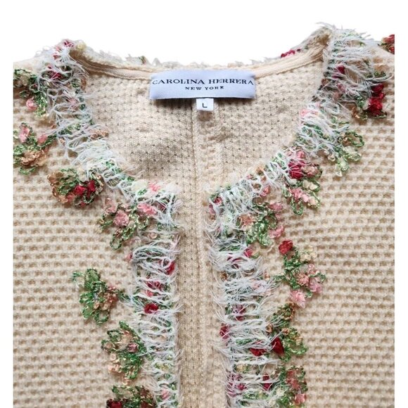 Carolina Herrera Jacket Large Tweed Pattern Jacket Flowers Virgin Wool - Picture 2 of 9